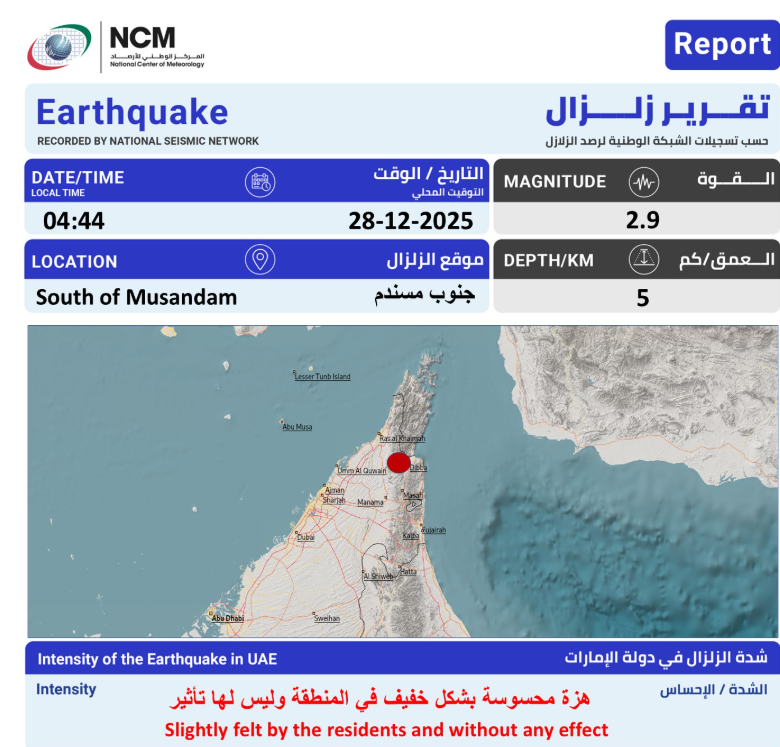 মুসান্দামে ছোট ভূমিকম্পের ফলে কম্পন অনুভব করলেন আমিরাতের বাসিন্দারা